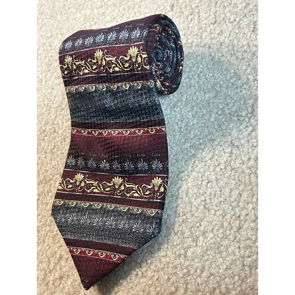 Bravini Mens 100 Silk Necktie Burgundy Blue Gold Greek Key‎ Pattern